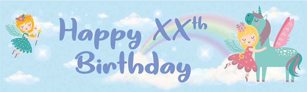 Personalised Happy Birthday Banner - Blue Unicorn & Fairy - Custom Age