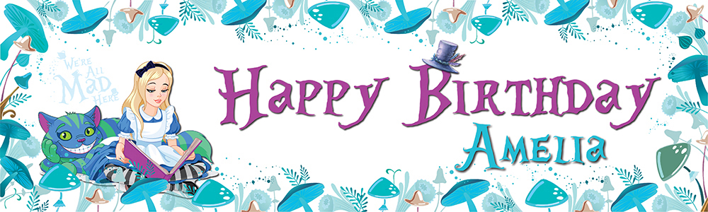 Personalised Happy Birthday Banner - Cheshire Cat & Alice In Wonderland - Custom Name