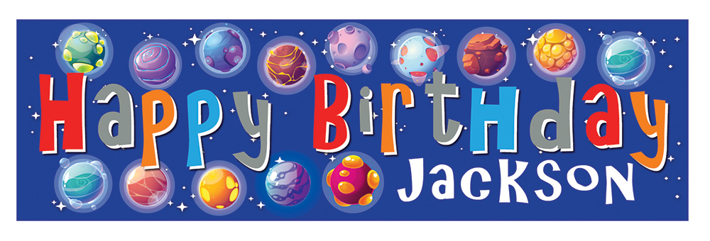Personalised Happy Birthday Banner - Childrens Planets Space - Custom Name
