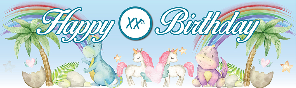 Personalised Happy Birthday Banner - Cute Baby Dinosaurs & Unicorns - Custom Age
