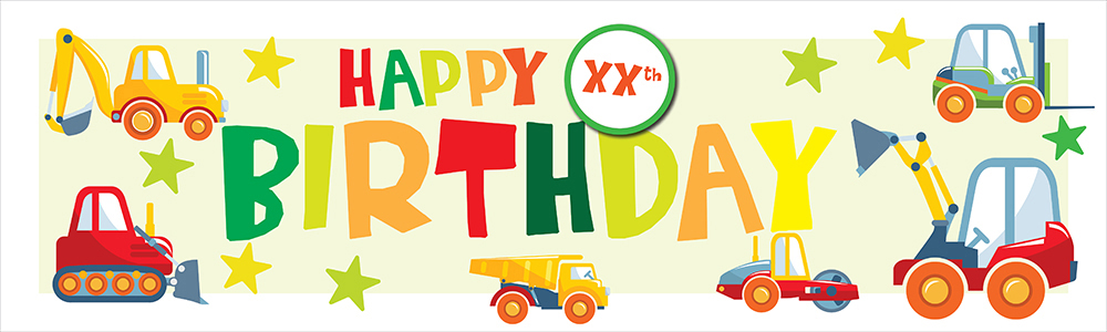Personalised Happy Birthday Banner - Diggers & Trucks - Custom Age
