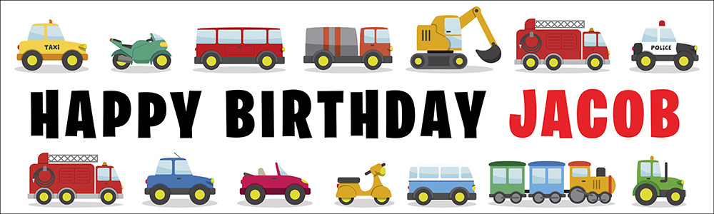 Personalised Happy Birthday Banner - Diggers Trucks & Trains - Custom Name
