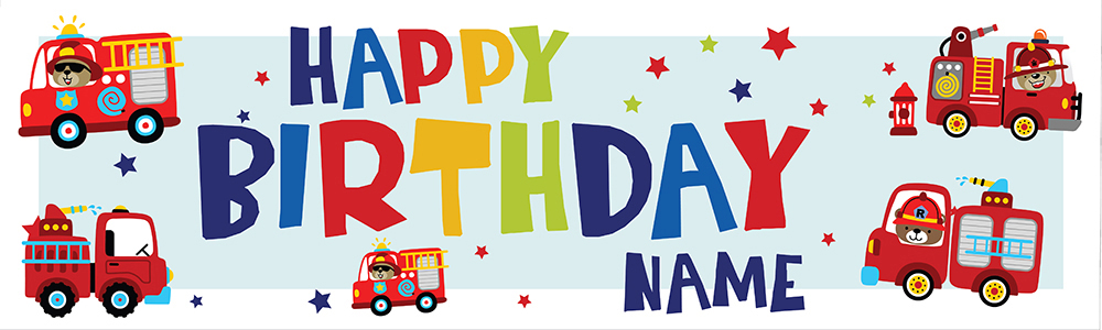 Personalised Happy Birthday Banner - Fire Engines - Custom Name