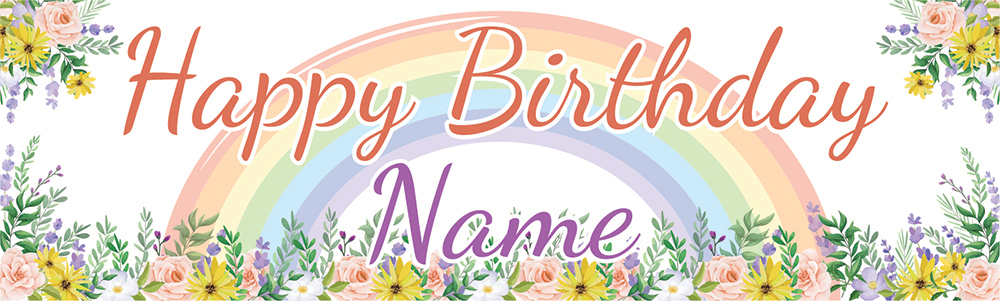Personalised Happy Birthday Banner - Floral Rainbow - Custom Name