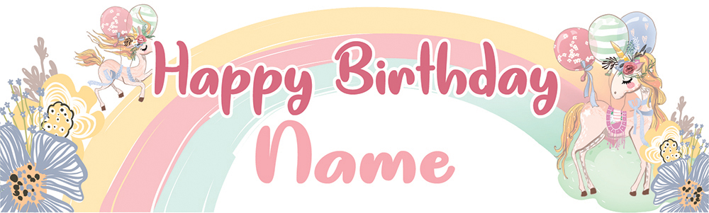 Personalised Happy Birthday Banner - Floral Rainbow Unicorn Party - Custom Name