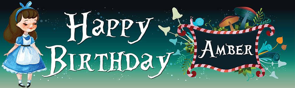 Personalised Happy Birthday Banner - Green Alice In Wonderland - Custom Name