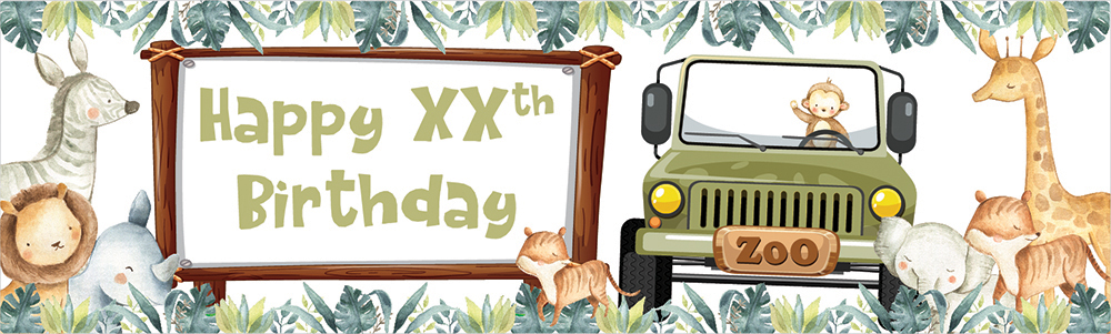 Personalised Happy Birthday Banner - Jeep Safari Animals - Custom Age