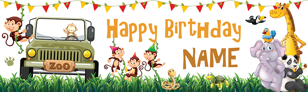 Personalised Happy Birthday Banner - Jeep Safari Animals - Custom Name