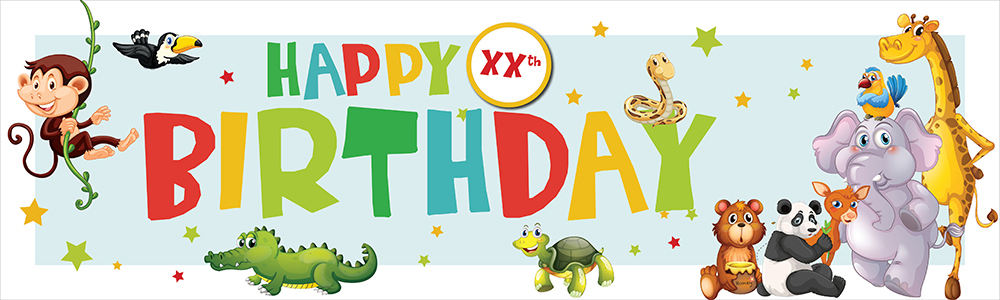 Personalised Happy Birthday Banner - Jungle Animals - Custom Age