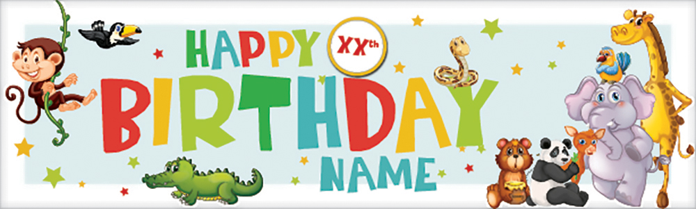 Personalised Happy Birthday Banner - Jungle Animals - Custom Name & Age