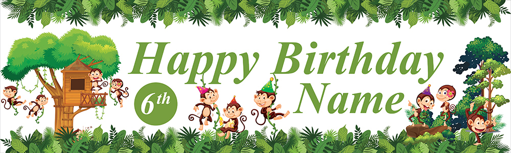Personalised Happy Birthday Banner - Jungle Monkeys - Custom Name & Age