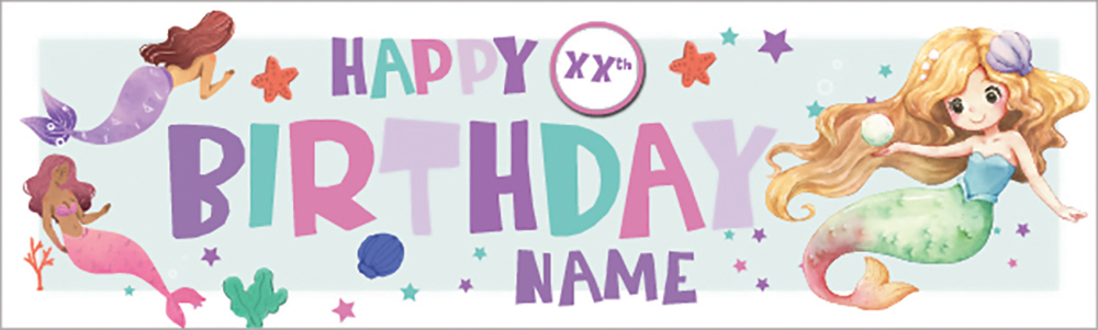 Personalised Happy Birthday Banner - Mermaid - Custom Name & Age