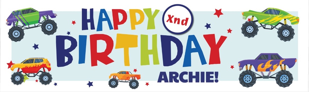 Personalised Happy Birthday Banner - Monster Truck - Custom Name & Age