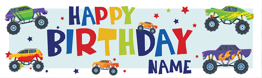 Personalised Happy Birthday Banner - Monster Trucks - Custom Name