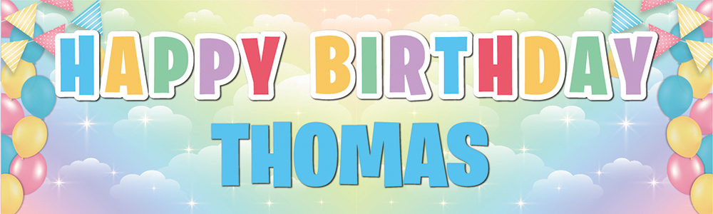 Personalised Happy Birthday Banner - Rainbow Balloons - Custom Name