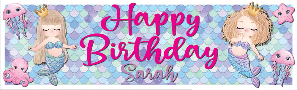 Personalised Happy Birthday Banner - Princess Mermaid - Custom Name