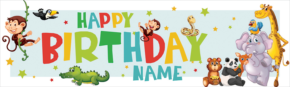 Personalised Happy Birthday Banner - Safari Animal Party Kids - Custom Name