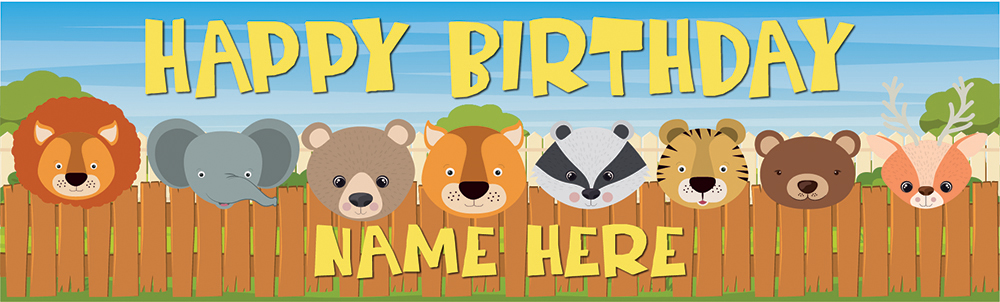 Personalised Happy Birthday Banner - Safari Animals Kids - Custom Name