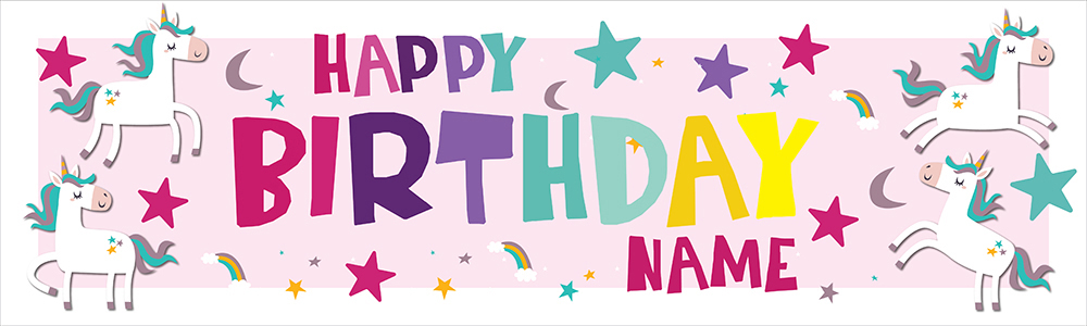 Personalised Happy Birthday Banner - Stars & Unicorns - Custom Name