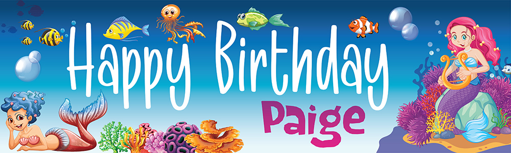 Personalised Happy Birthday Banner - Under The Sea Mermaid - Custom Name