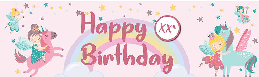 Personalised Happy Birthday Banner - Unicorn & Fairies - Custom Age