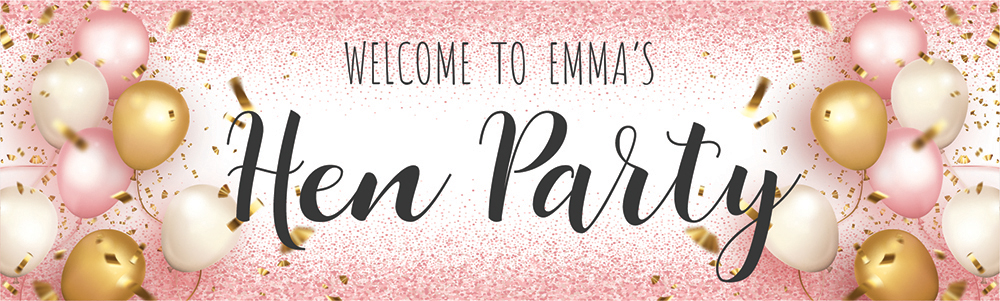 Personalised Hen Party Banner - Pink Balloons Welcome - Custom Name