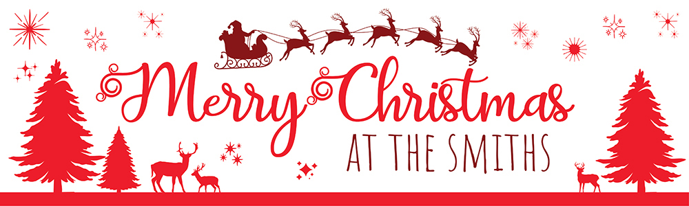 Personalised Merry Christmas Banner - Santa & Reindeer Red - Custom Text