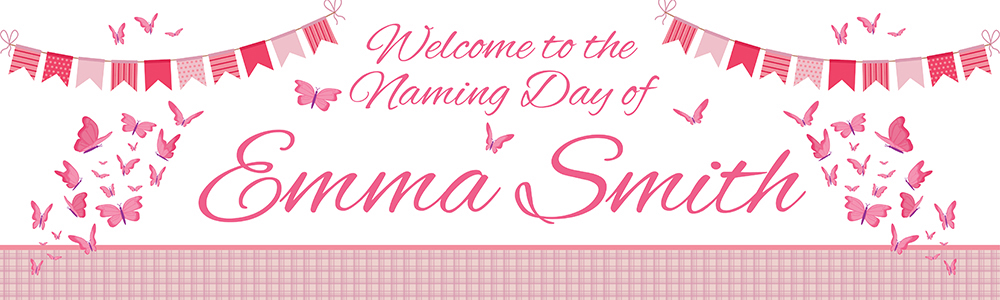 Personalised Naming Day Banner - Pink Butterflies - Custom Name