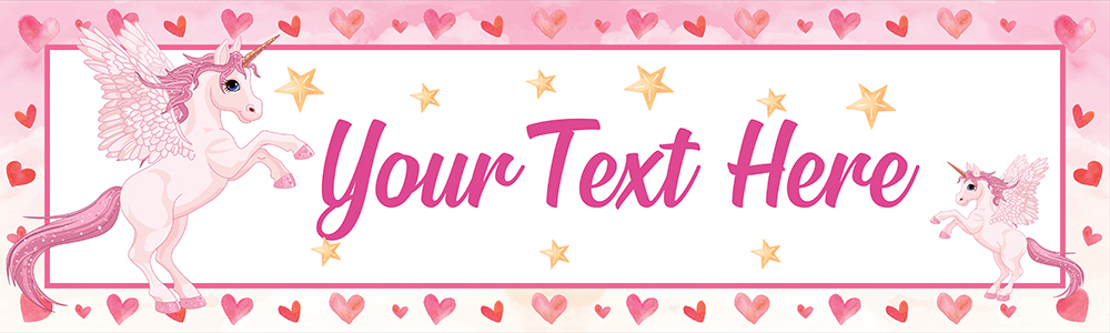 Personalised Party Banner - Pink Hearts & Unicorn - Custom Text