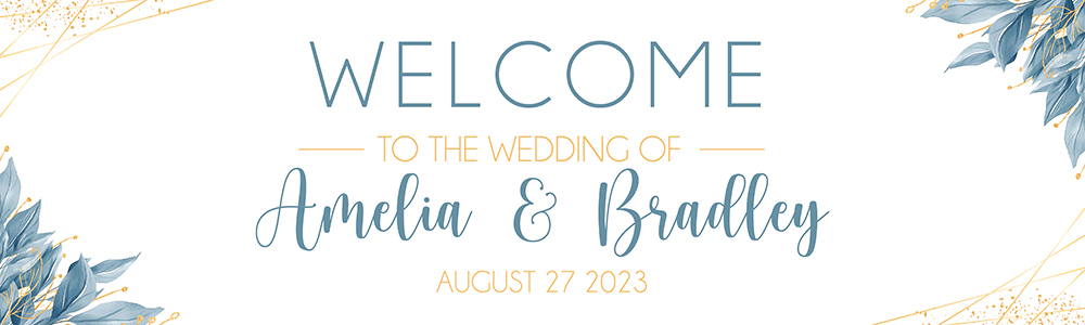 Personalised Wedding Banner - Blue Gold Welcome - Custom Name & Date