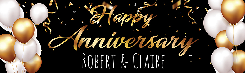 Personalised Wedding Anniversary Banner - White & Gold Balloons - Custom Text