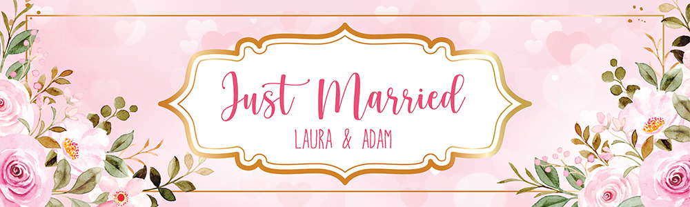 Personalised Wedding Banner - Pink Floral Just Married - Custom Name