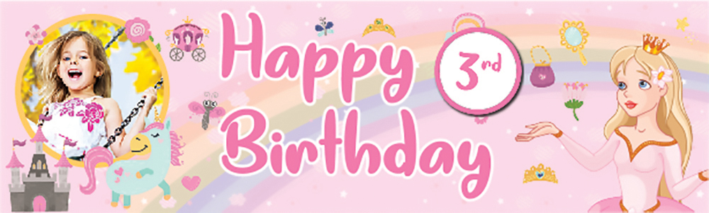 Happy 3rd Birthday Banner - Pink Princess - 1 Photo Upload