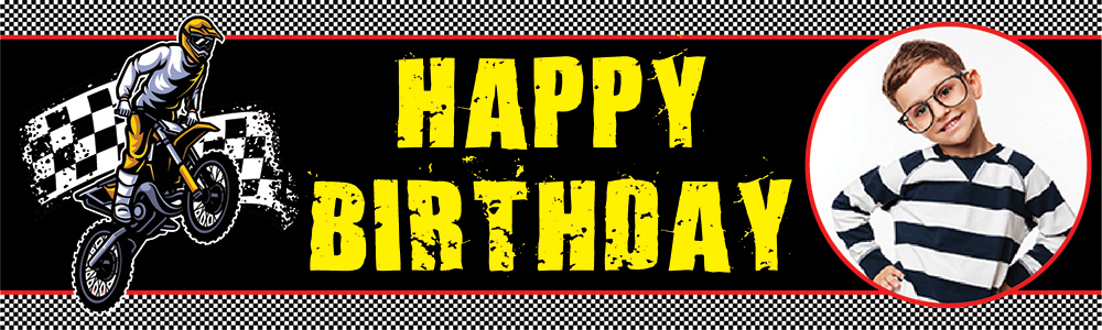 Happy Birthday Banner - Black Dirt Bike Motocross - 1 Photo Upload