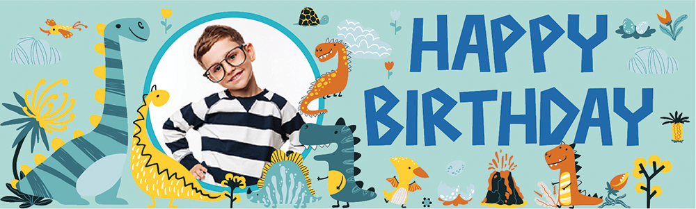 Happy Birthday Banner - Dino Party Kids Blue Dinosaur - 1 Photo Upload