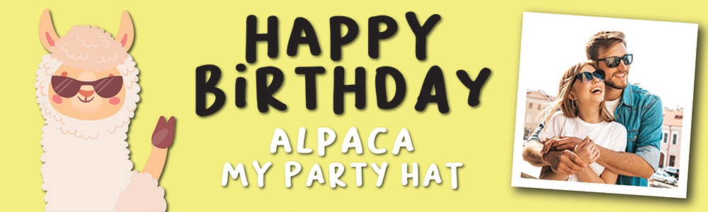 Happy Birthday Funny Banner - Alpaca My Party Hat - Yellow - 1 Photo Upload