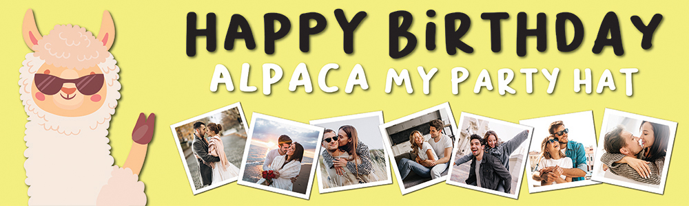 Happy Birthday Funny Banner - Alpaca My Party Hat - Yellow - 7 Photo Upload