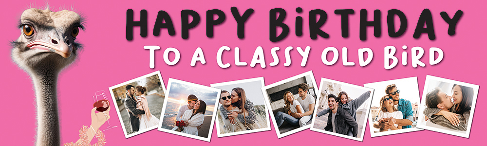 Happy Birthday Funny Banner - Classy Old Bird - Pink - 7 Photo Upload