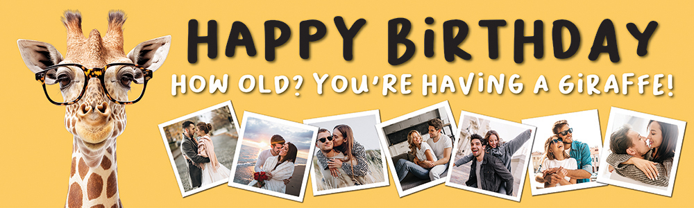 Happy Birthday Funny Banner - How Old? - Giraffe Yellow - 7 Photo Upload