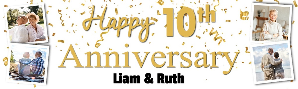 Personalised 10th Wedding Anniversary Banner - Celebration Design - 4 Photo Upload