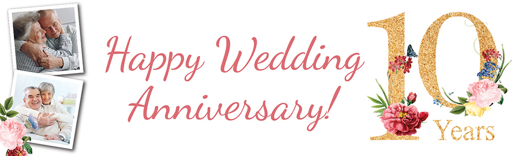 Personalised 10th Wedding Anniversary Banner - Floral Design - 2 Photo Upload