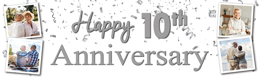 Personalised 10th Wedding Anniversary Banner - Silver Celebration Design - 4 Photo Upload