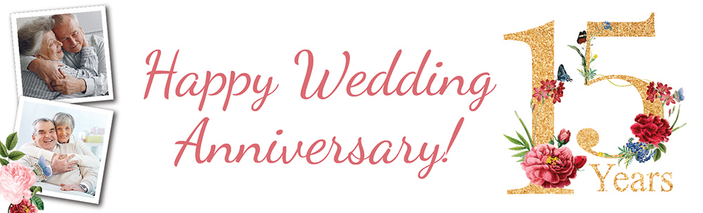 Personalised 15th Wedding Anniversary Banner - Floral Design - 2 Photo Upload