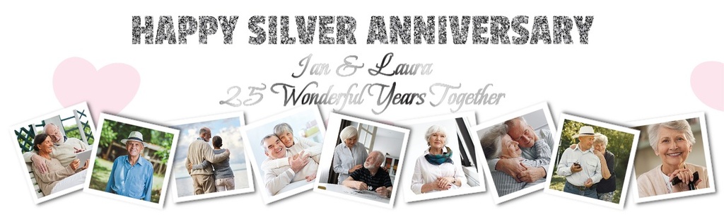 Personalised 25th Wedding Anniversary Banner - Silver - 9 Photo upload