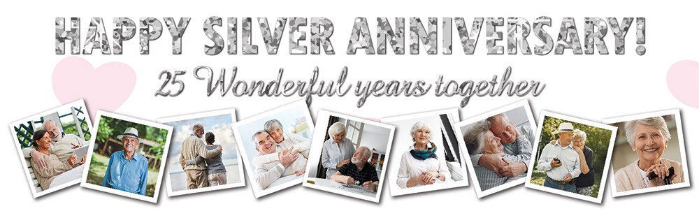 Personalised 25th Wedding Anniversary Banner - Silver - 9 Photo upload
