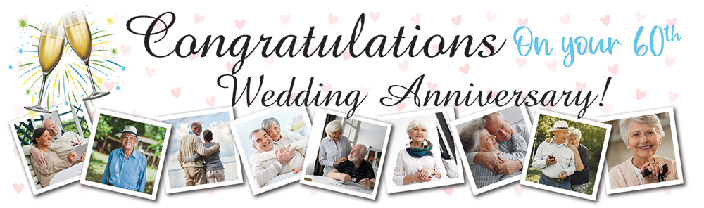 Personalised 60th Wedding Anniversary Banner - Champagne Design - 9 Photo Upload