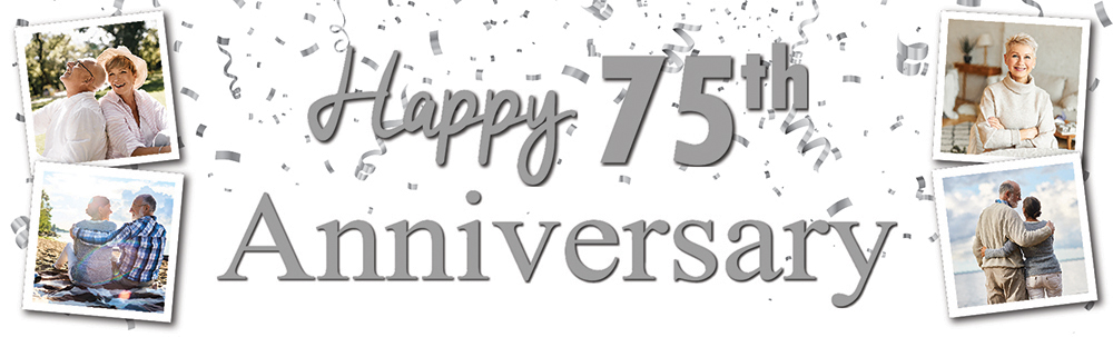 Personalised 75th Wedding Anniversary Banner - Silver Celebration Design - 4 Photo Upload