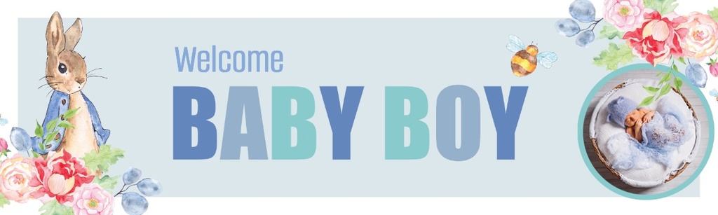 Personalised Baby Boy Banner - Blue Rabbit Welcome - 1 Photo Upload