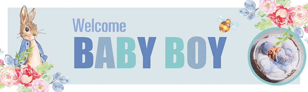 Personalised Baby Boy Banner - Blue Rabbit Welcome - 1 Photo Upload