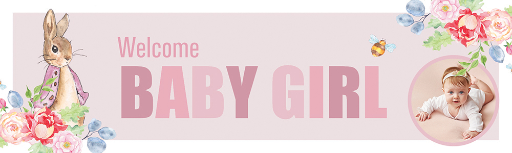 Personalised Baby Girl Banner - Pink Rabbit Floral Welcome - 1 Photo Upload
